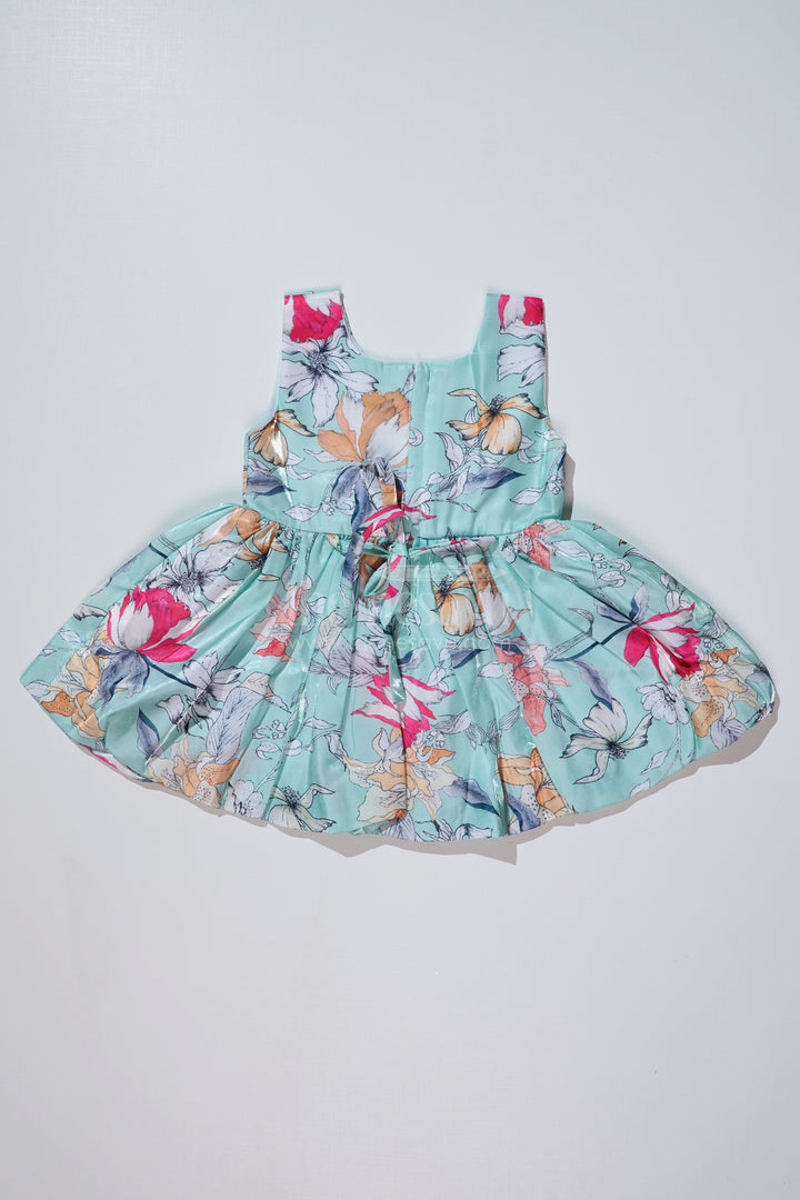 Summer Floral Frock for Baby Girls in Glaza Satin with Digital Print and Sleeveless Design