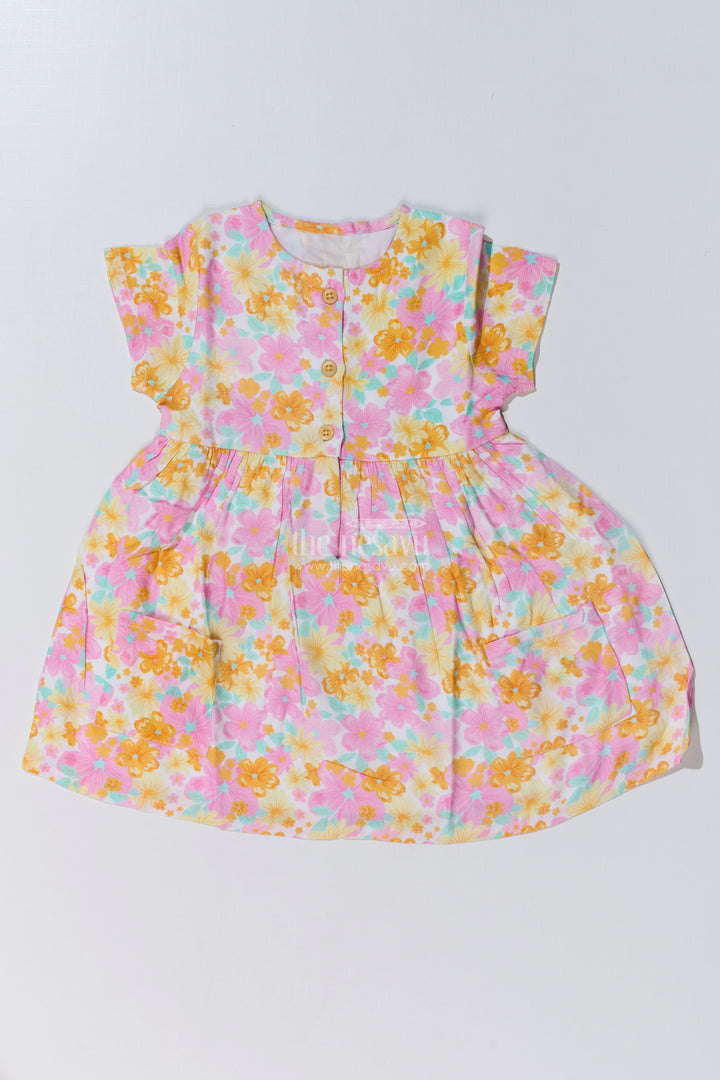 Baby Girls Flower Print Frock with Button-Down Front and Side Pockets for a Cute Everyday Look