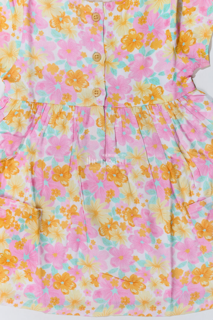 Baby Girls Flower Print Frock with Button-Down Front and Side Pockets for a Cute Everyday Look