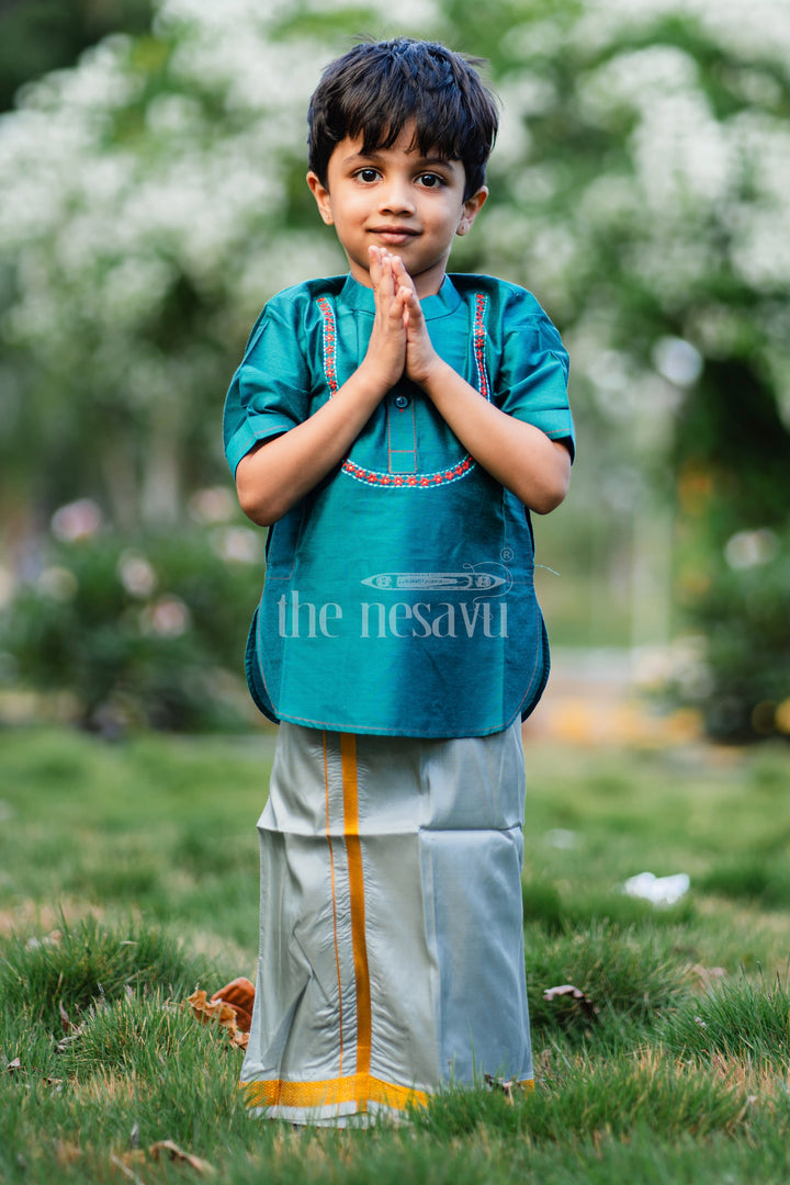 Elegant Teal Boys Kurta Shirt with Embroidered Placket - Perfect for Festive Occasions