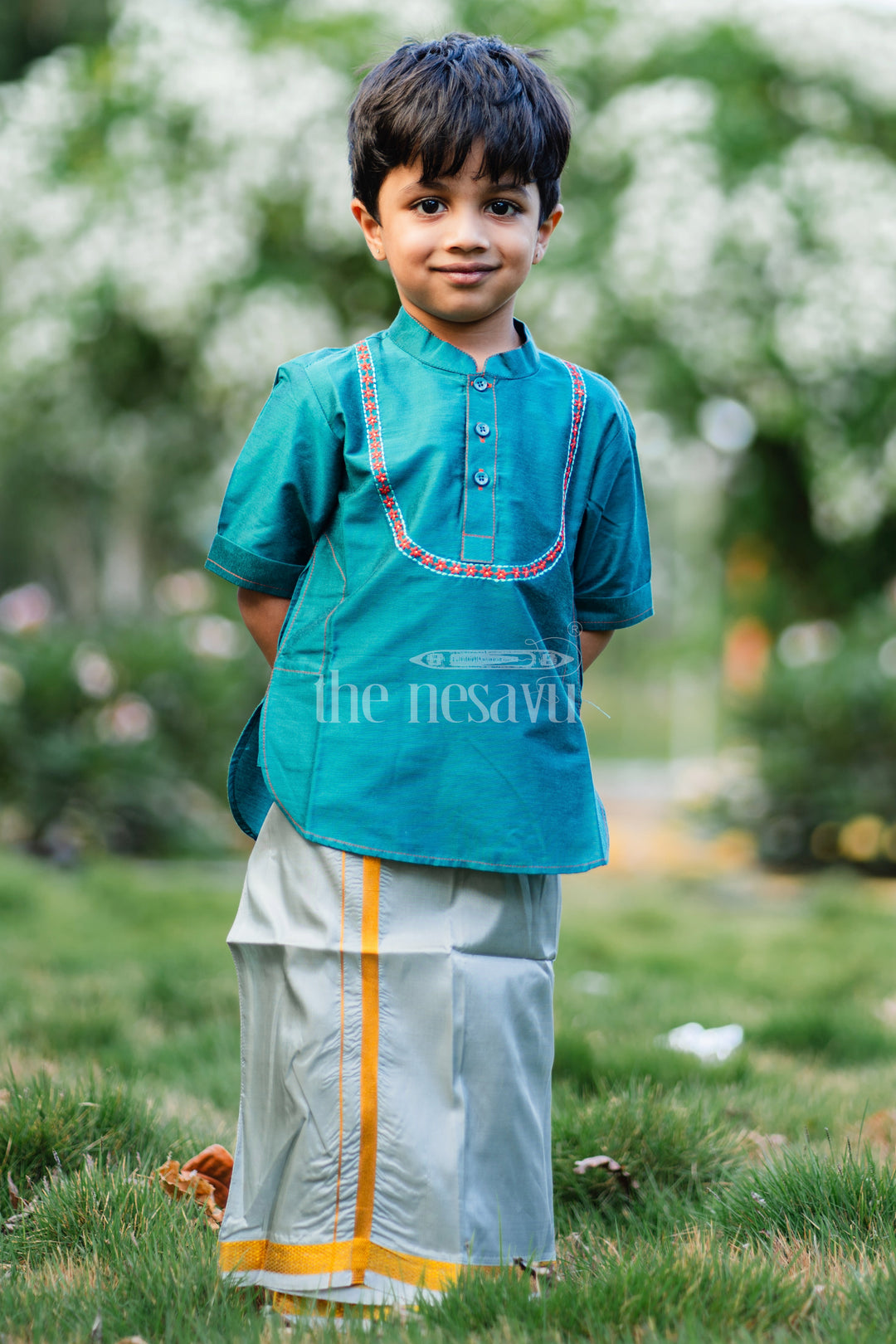 Elegant Teal Boys Kurta Shirt with Embroidered Placket - Perfect for Festive Occasions