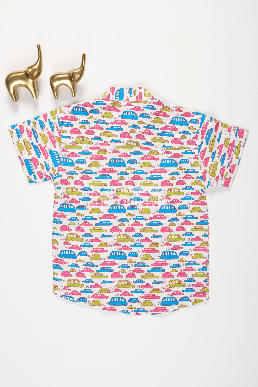 Boys Cotton Shirt with Multicolor Car Print and Short Sleeves for Playful Casual Wear