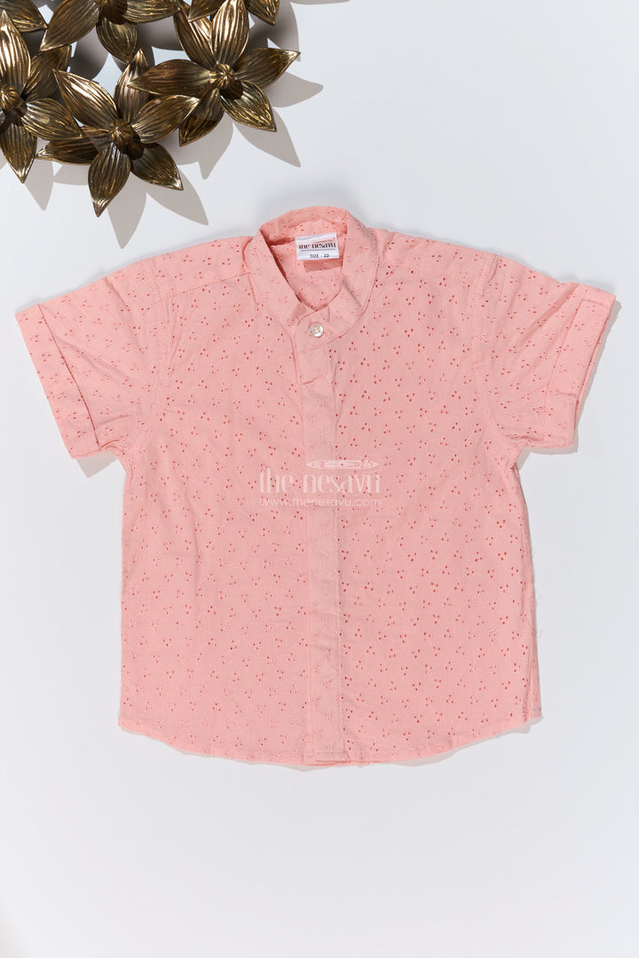 Boys Cotton Half Shirt with Hakoba Embroidery in Soft Peach for a Classic Look