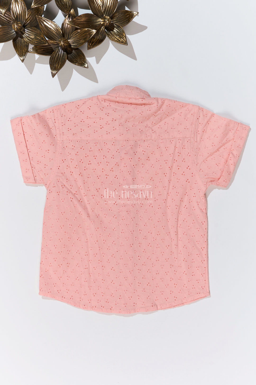 Boys Cotton Half Shirt with Hakoba Embroidery in Soft Peach for a Classic Look