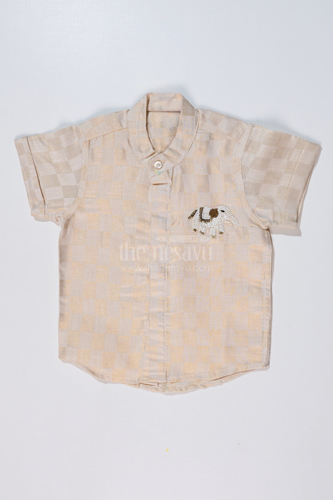 Boys Silk Shirt in Gold Cotton Tissue with Checkered Pattern and Embellished Elephant Design