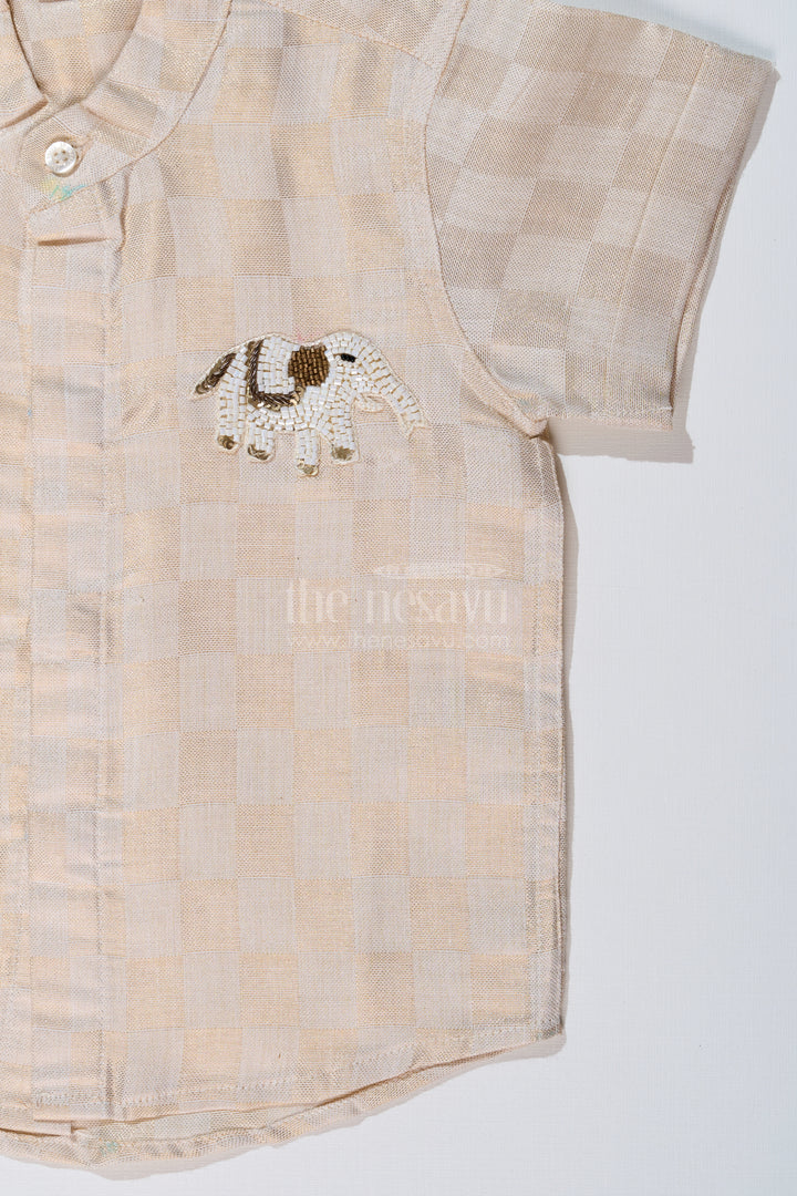 Boys Silk Shirt in Gold Cotton Tissue with Checkered Pattern and Embellished Elephant Design