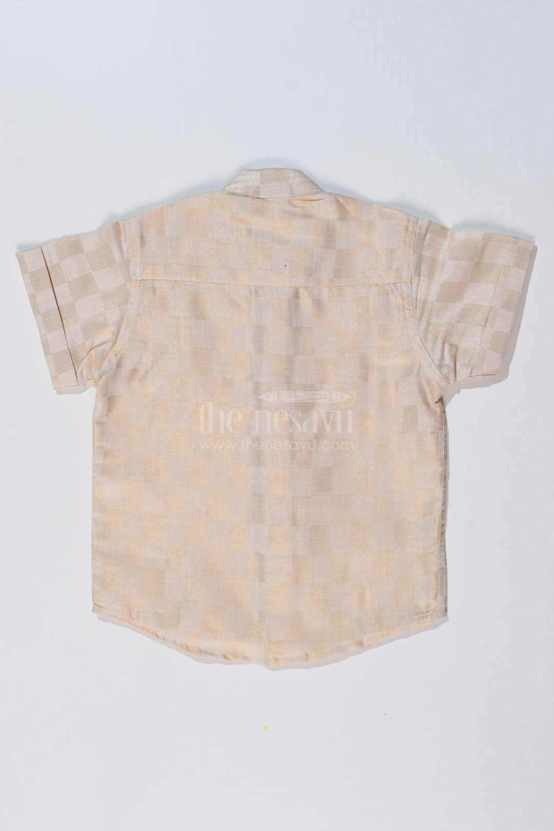 Boys Silk Shirt in Gold Cotton Tissue with Checkered Pattern and Embellished Elephant Design