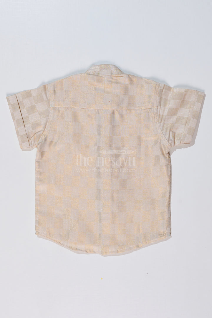 Boys Silk Shirt in Gold Cotton Tissue with Checkered Pattern and Embellished Elephant Design