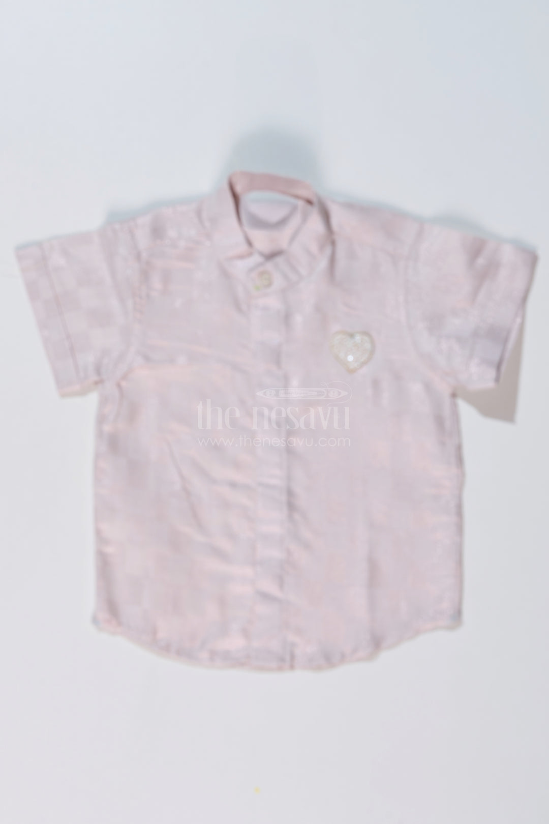 Boys Cotton and Silk Shirt in Gold with Checkered Pattern and Embellished Heart Motif