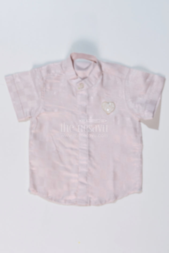 Boys Cotton and Silk Shirt in Gold with Checkered Pattern and Embellished Heart Motif