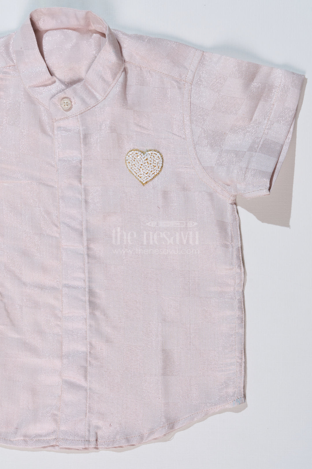 Boys Cotton and Silk Shirt in Gold with Checkered Pattern and Embellished Heart Motif