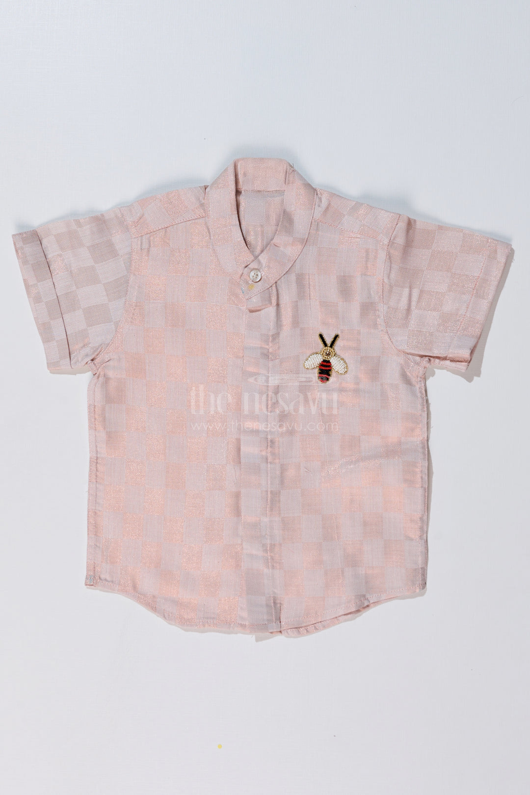 Boys Silk and Cotton Shirt in Gold with Checkered Pattern and Embellished Bee Motif