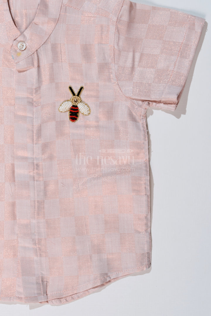 Boys Silk and Cotton Shirt in Gold with Checkered Pattern and Embellished Bee Motif