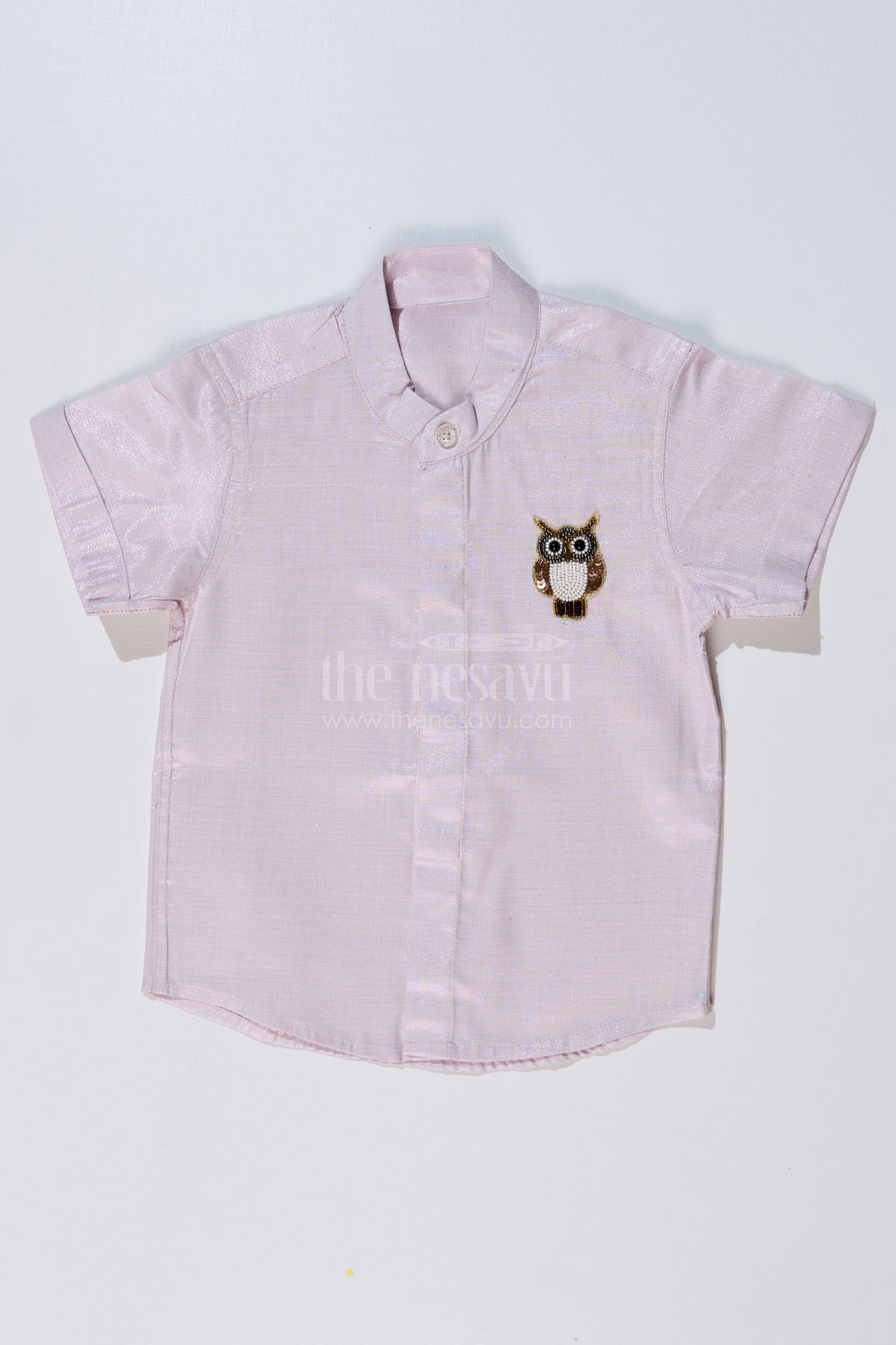 Boys Half Shirt White with Embroidered Owl Motif and Mandarin Collar