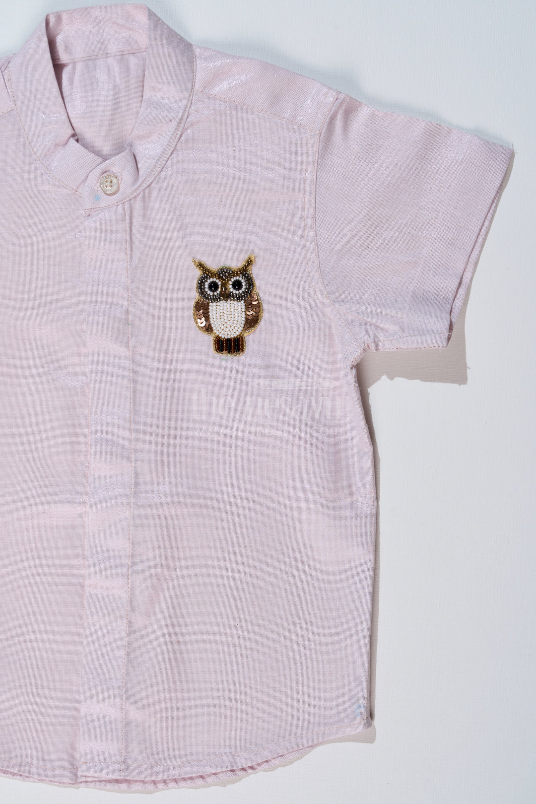 Boys Half Shirt White with Embroidered Owl Motif and Mandarin Collar