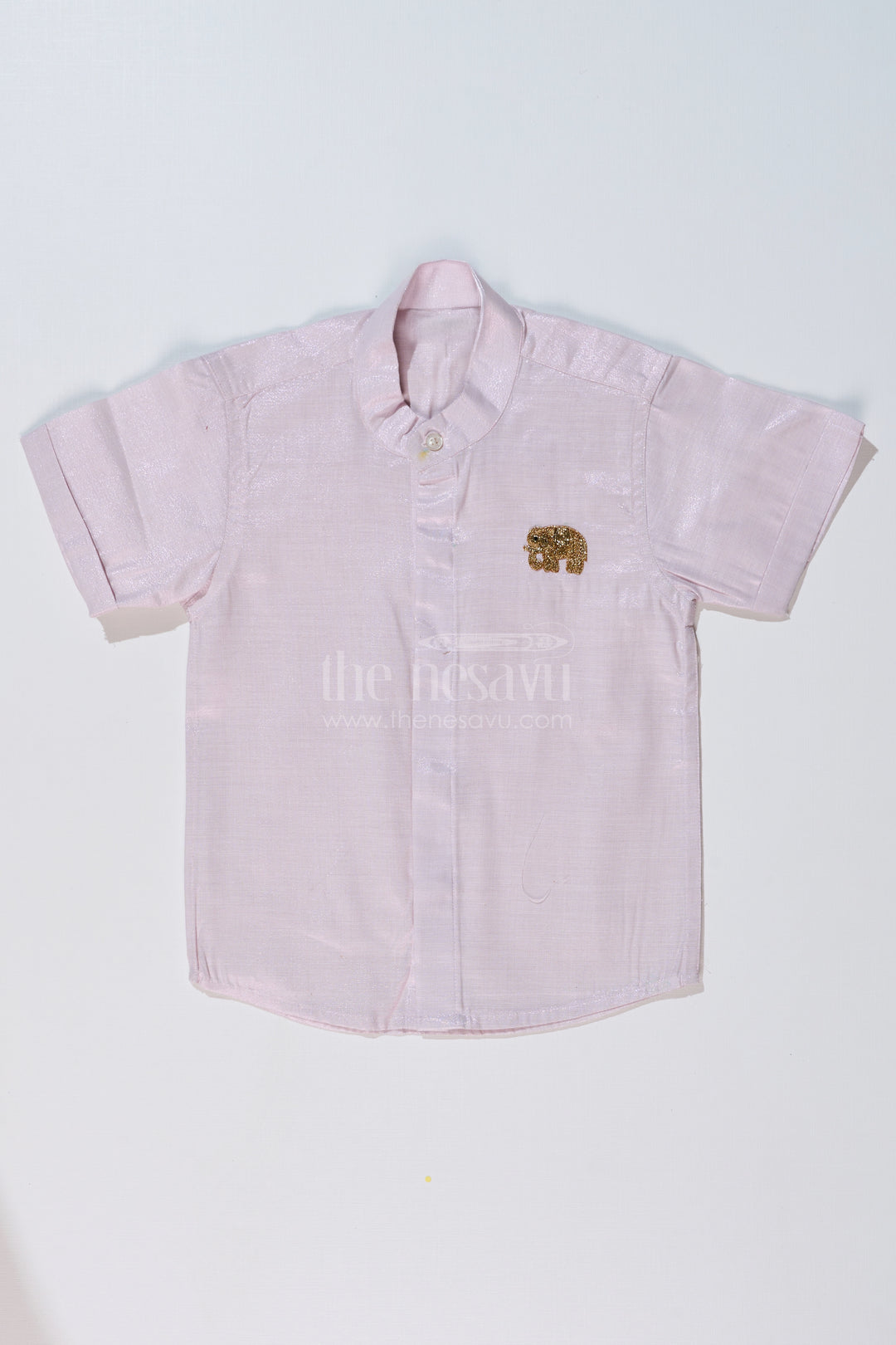 Boys White Half Shirt with Embroidered Elephant Motif and Mandarin Collar