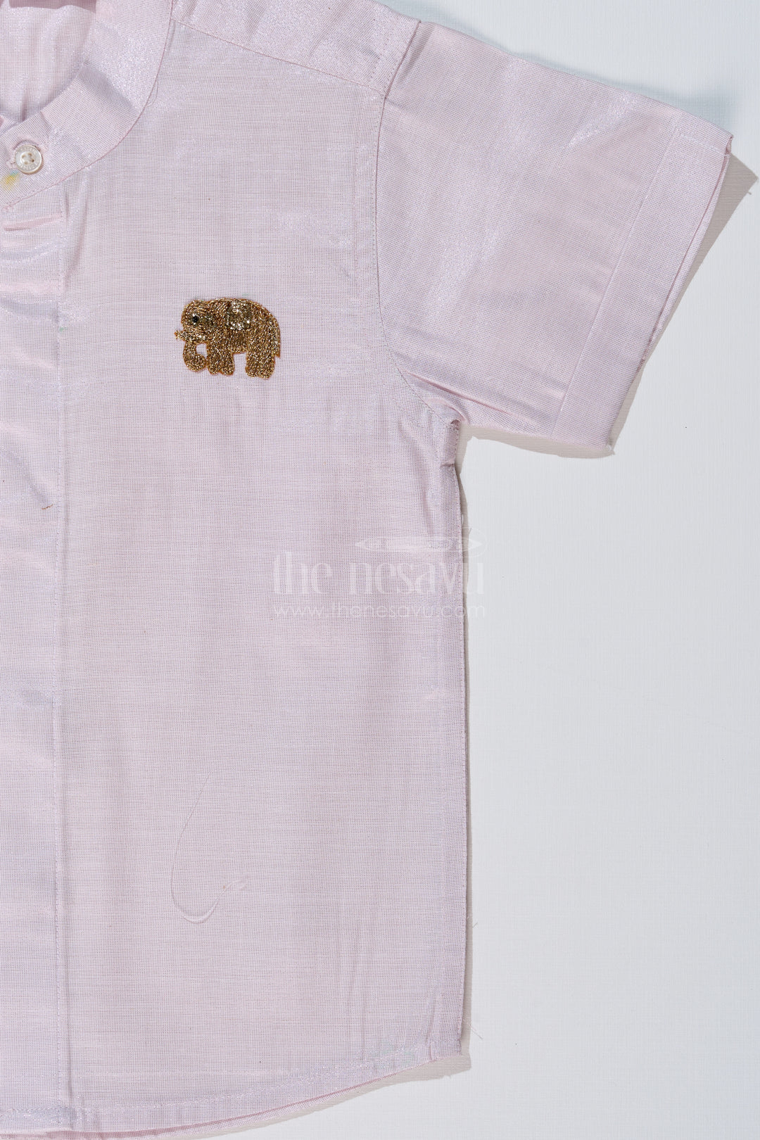 Boys White Half Shirt with Embroidered Elephant Motif and Mandarin Collar