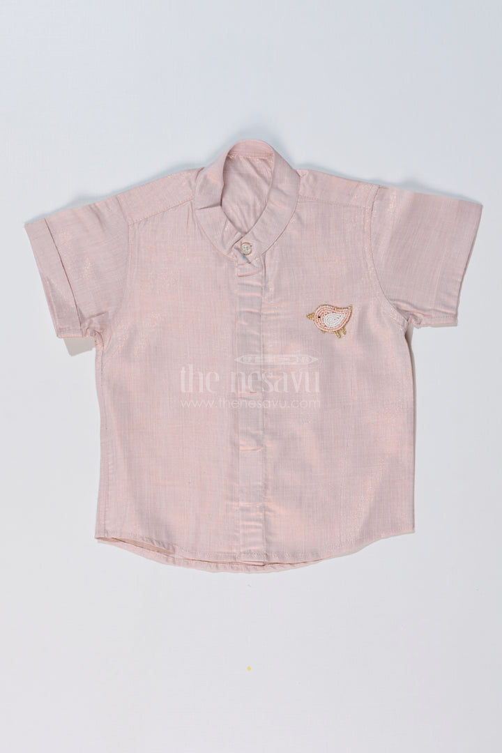 Boys Cotton Silk Shirt in Lavender with Subtle Texture and Embellished Bird Motif