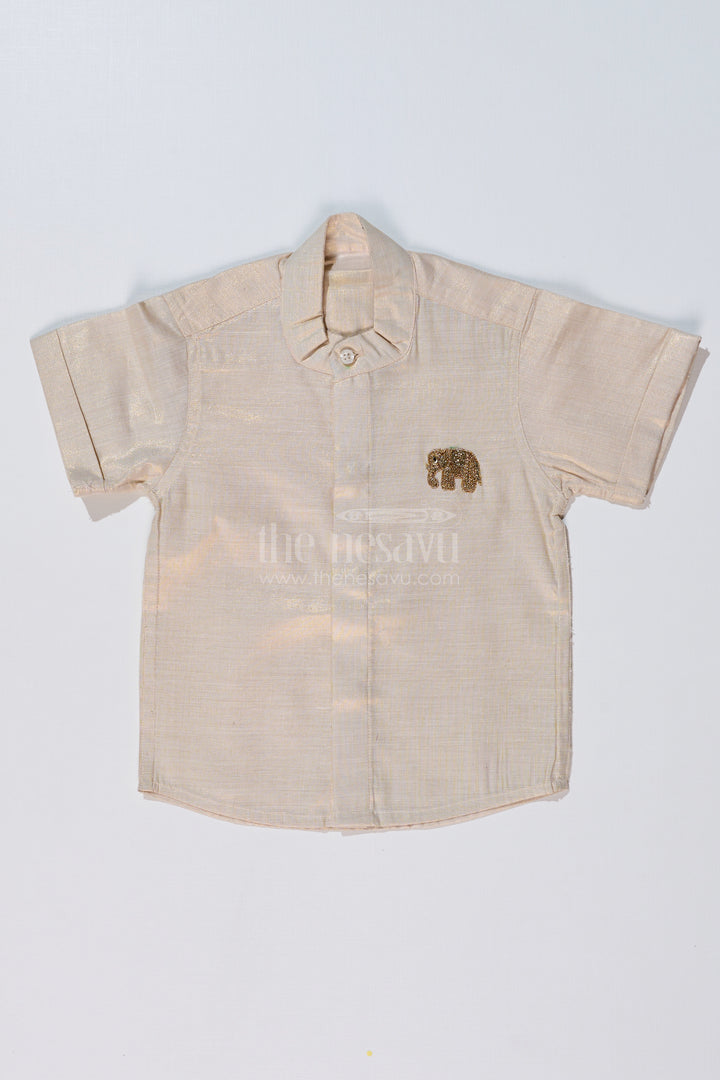 Boys Long Silk Shirt in Gold Cotton Tissue with Embellished Elephant Design for Festive Wear