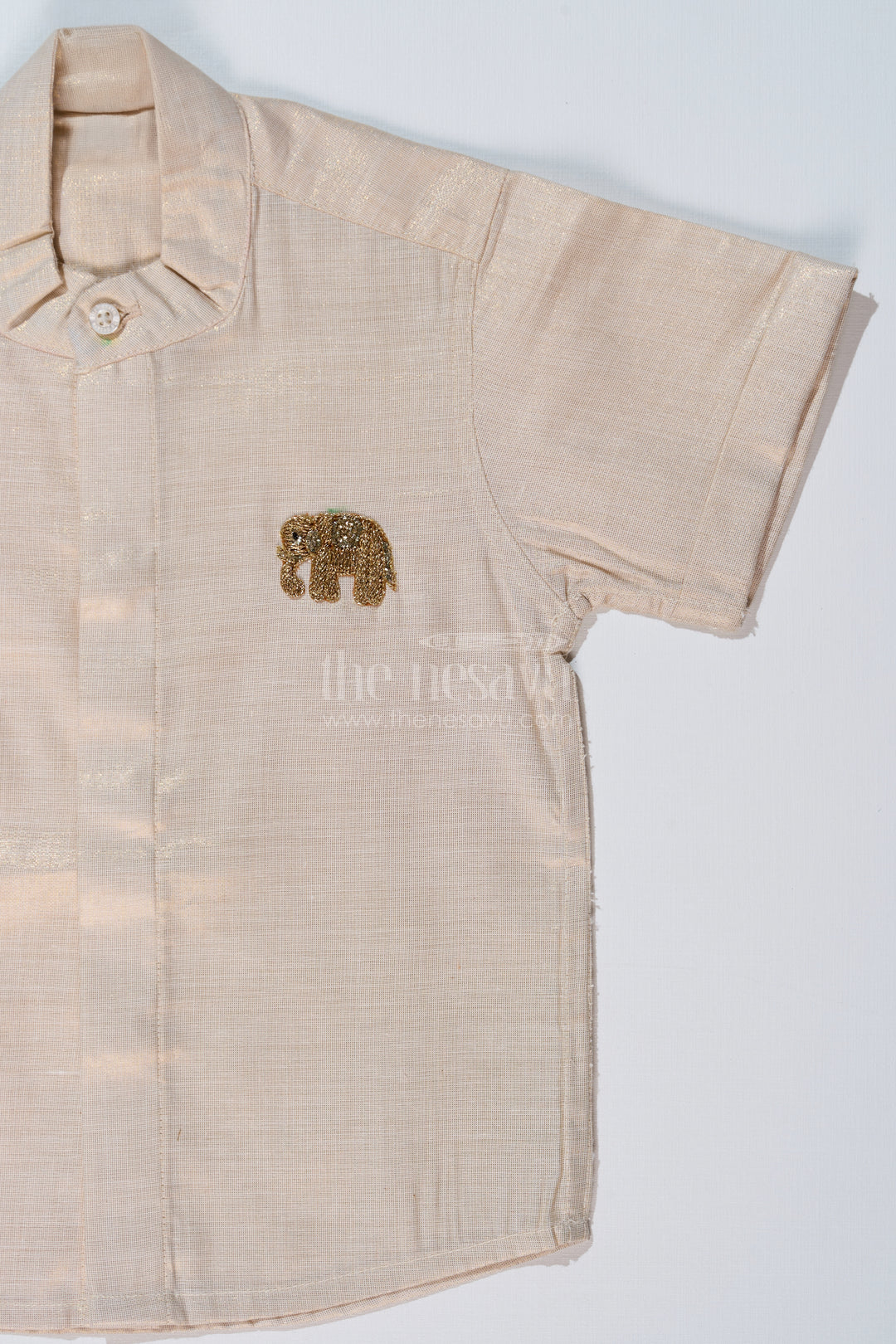 Boys Long Silk Shirt in Gold Cotton Tissue with Embellished Elephant Design for Festive Wear