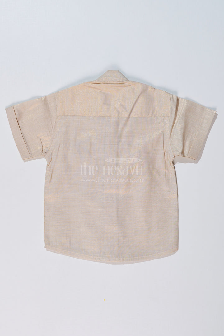 Boys Long Silk Shirt in Gold Cotton Tissue with Embellished Elephant Design for Festive Wear