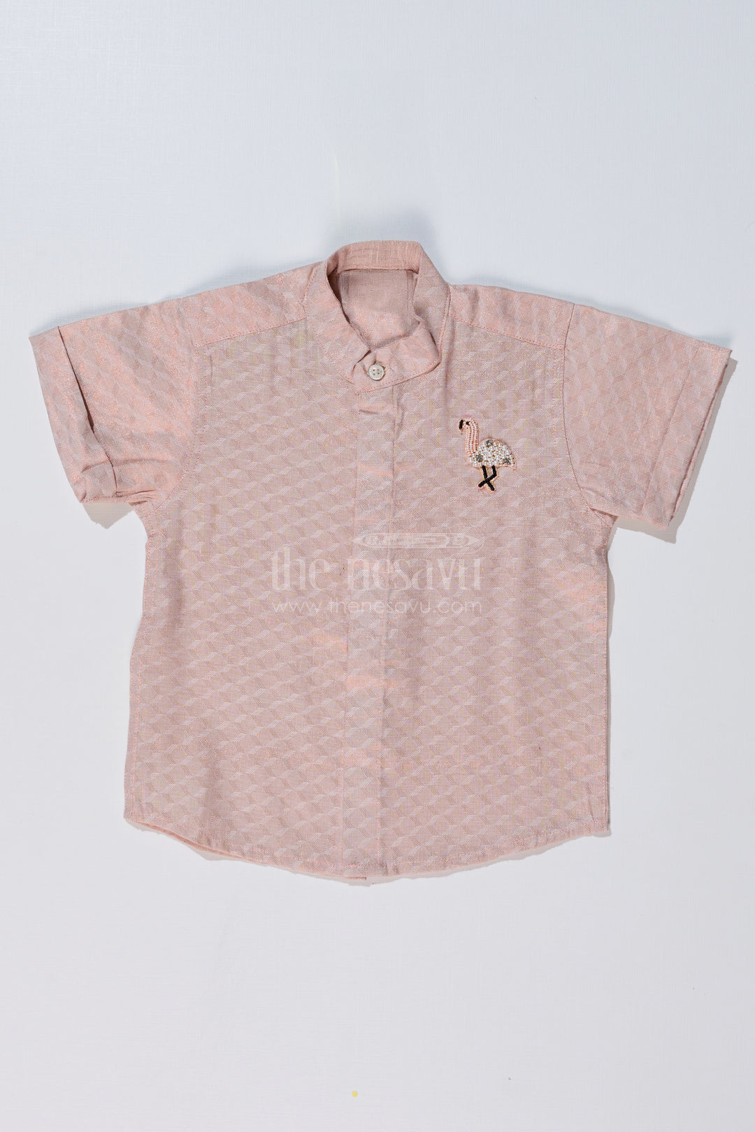 Boys Casual Silk Blend Shirt in Beige with Minimal Embroidery and Mandarin Collar