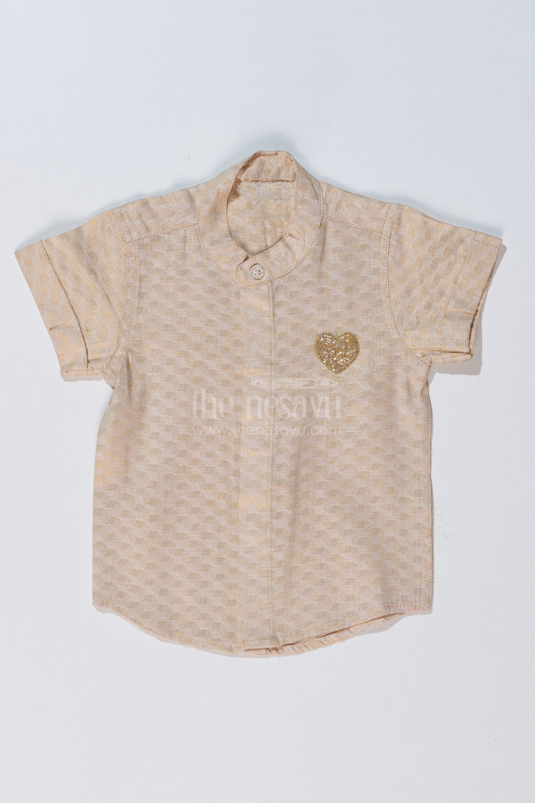 Boys Half Shirt Cotton with Embroidered Heart Motif and Mandarin Collar