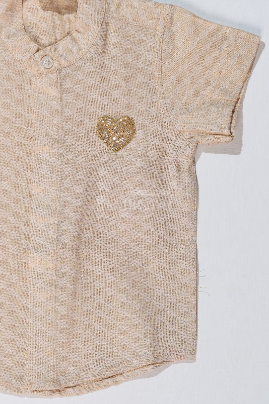 Boys Half Shirt Cotton with Embroidered Heart Motif and Mandarin Collar