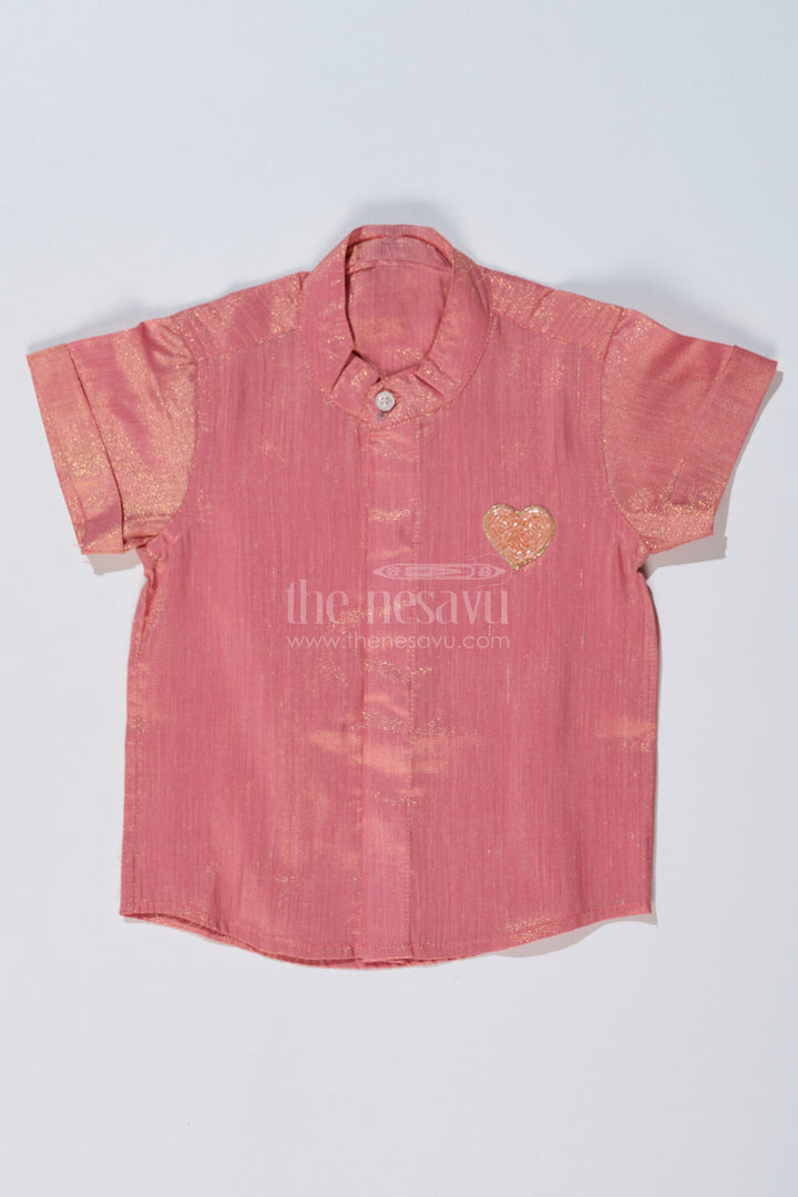 Boys Silk Shirt with Embroidered Heart Motif and Mandarin Collar for Festive Wear