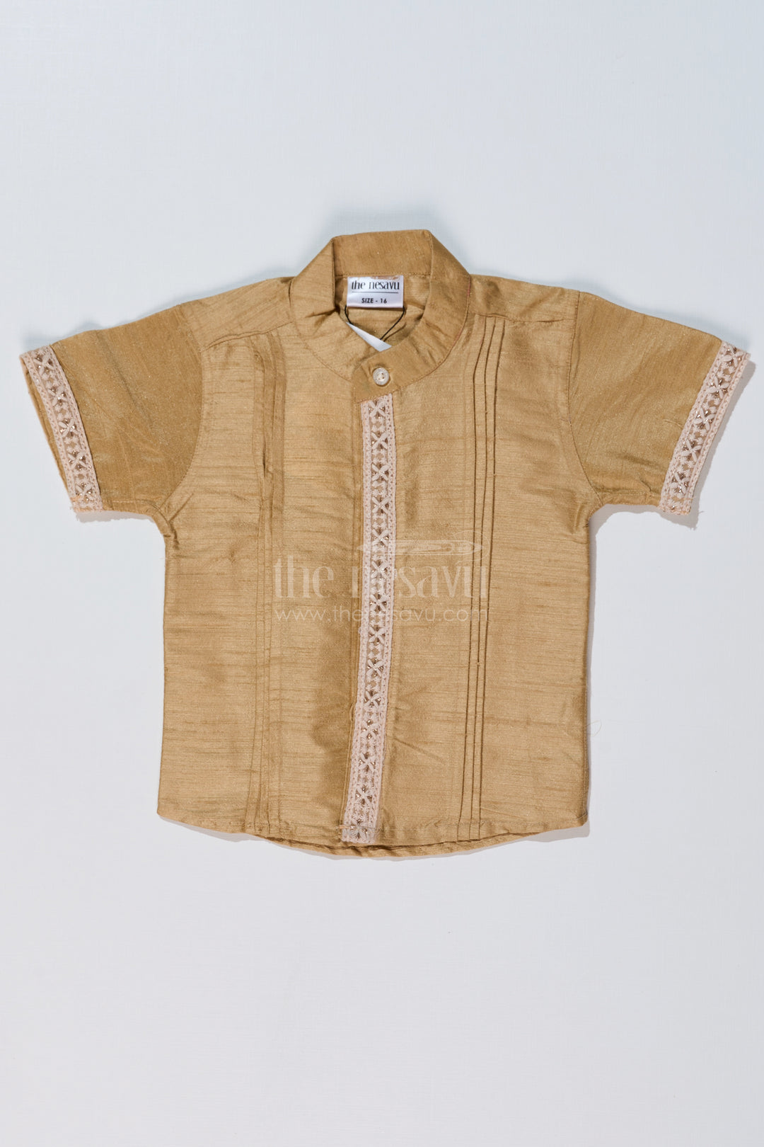 Boys Beige Silk Shirt with Elegant Embroidery and Short Sleeves for Festive and Traditional Wear