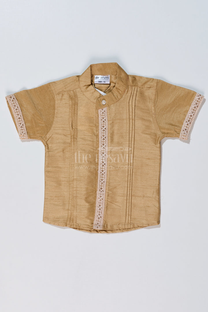 Boys Beige Silk Shirt with Elegant Embroidery and Short Sleeves for Festive and Traditional Wear