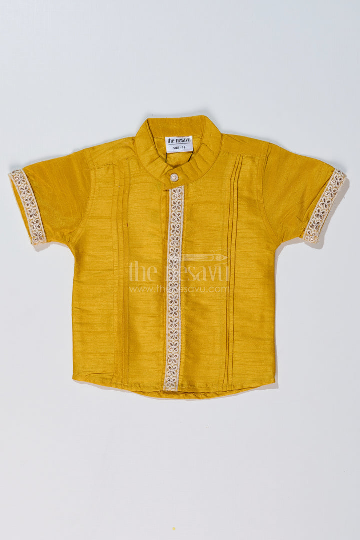 Boys Half Sleeve Yellow Shirt with Rich Silk Blend and Elegant Lace Detailing for Festive Wear