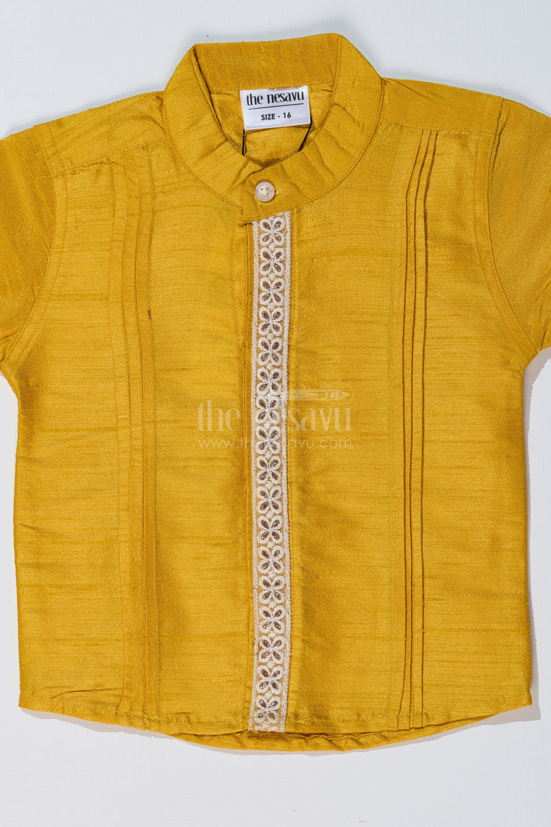 Boys Half Sleeve Yellow Shirt with Rich Silk Blend and Elegant Lace Detailing for Festive Wear