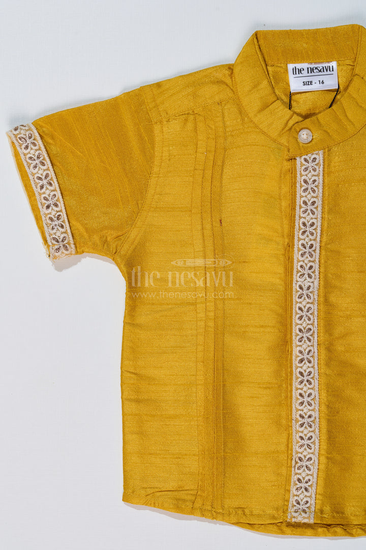 Boys Half Sleeve Yellow Shirt with Rich Silk Blend and Elegant Lace Detailing for Festive Wear