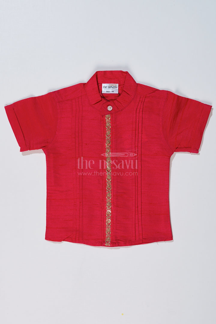 Boys Pink Shirt Silk with Embroidered Front Panel and Short Sleeves for Traditional Wear