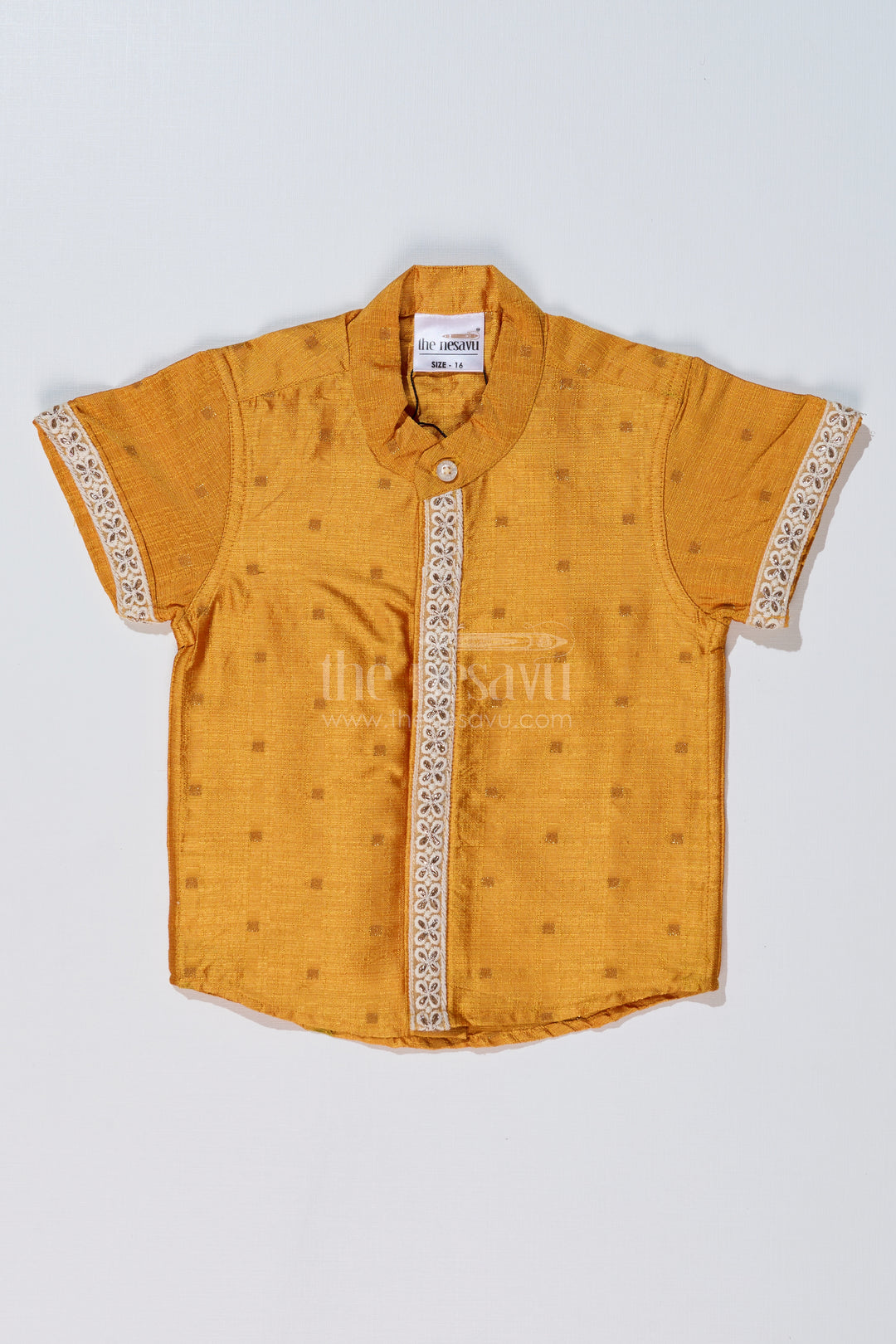 Boys Trendy Yellow Shirt in Silk Blend with Embroidered Accents for Festive and Cultural Wear