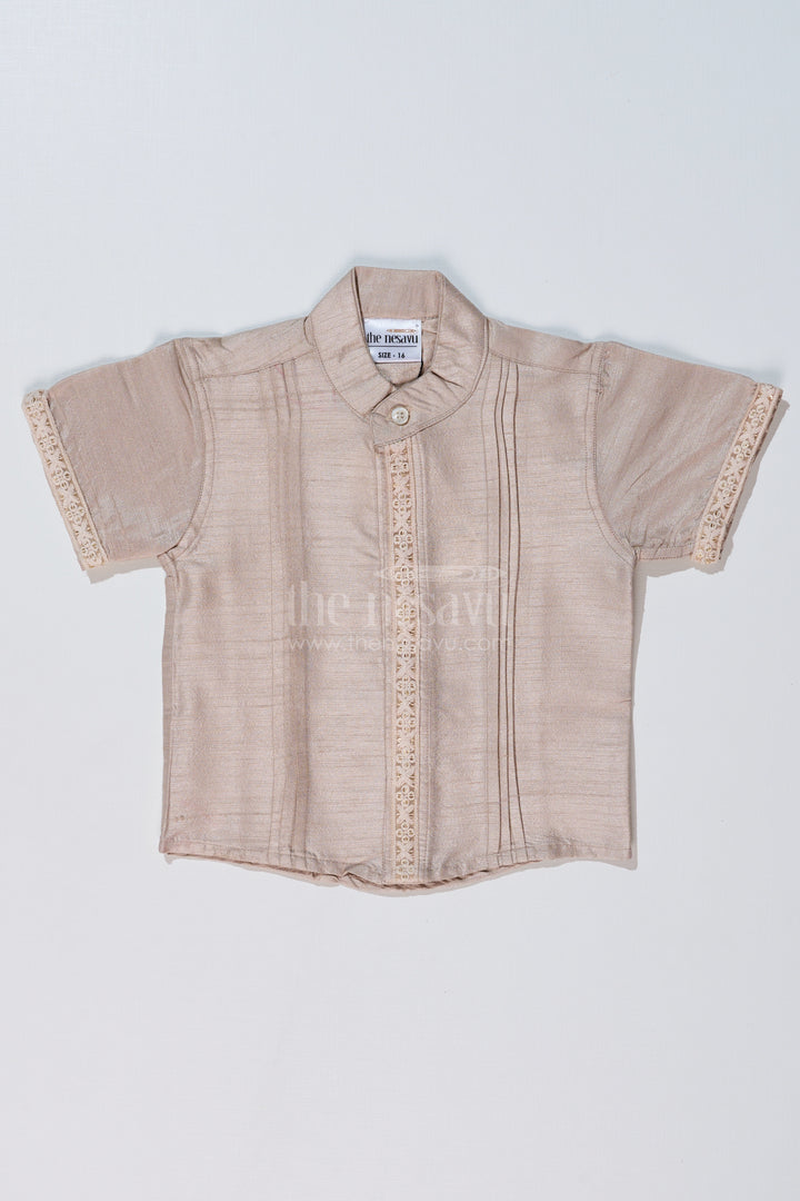 Boys Beige Half Shirt in Silk Blend with Embroidered Borders for Festive and Traditional Wear