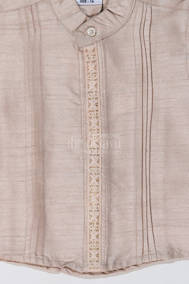 Boys Beige Half Shirt in Silk Blend with Embroidered Borders for Festive and Traditional Wear