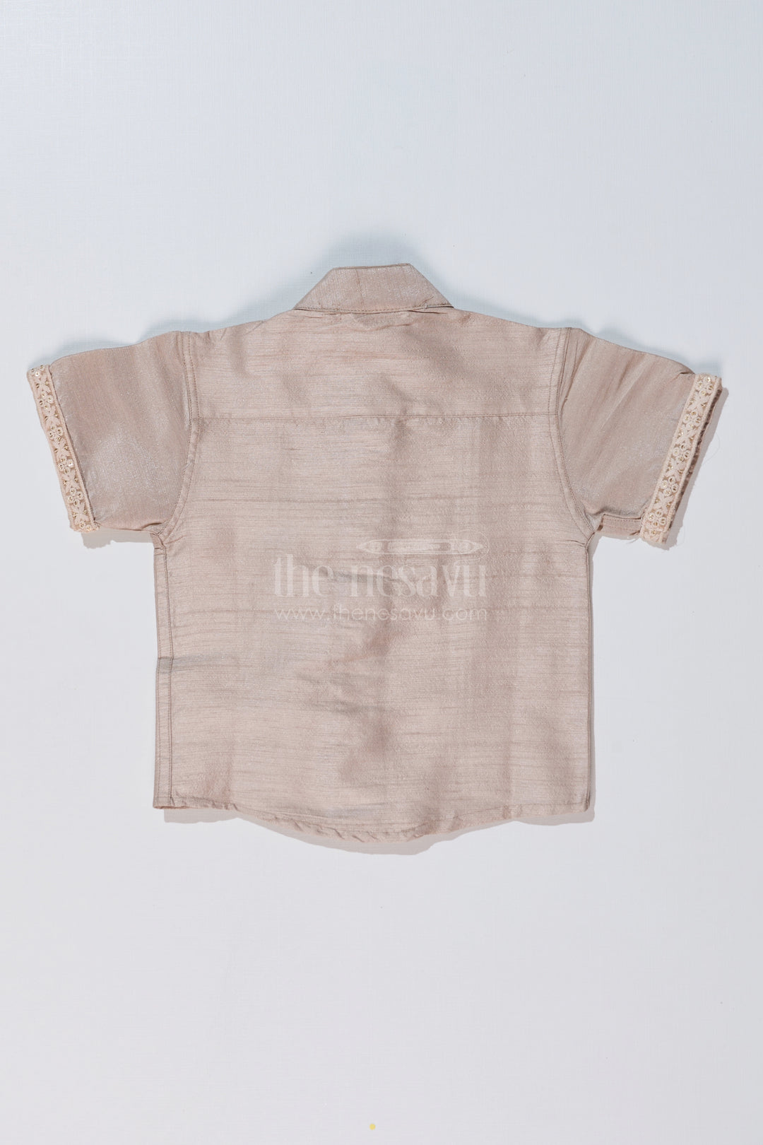 Boys Beige Half Shirt in Silk Blend with Embroidered Borders for Festive and Traditional Wear