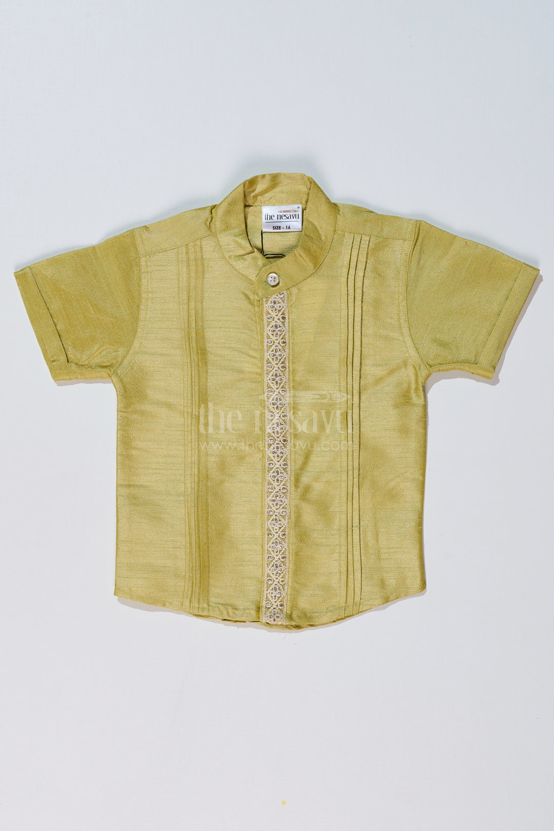 Boys Green Silk Shirt with Half Sleeves and Embroidered Detailing for Ethnic and Festive Wear