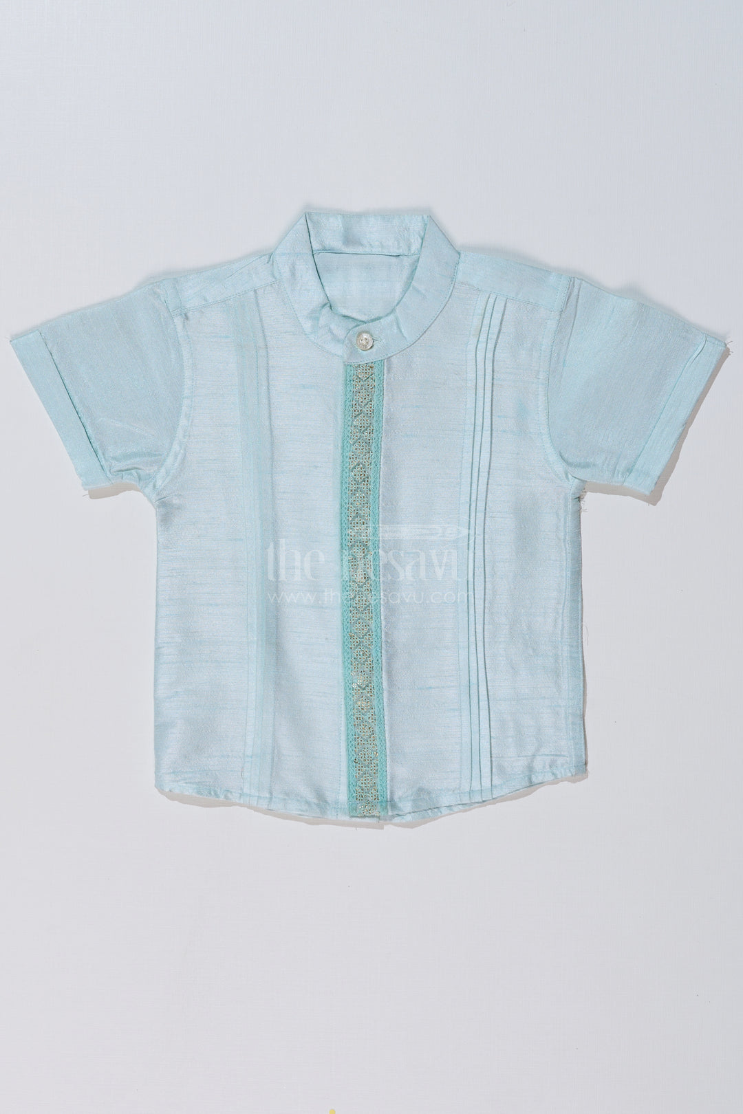 Boys Light Blue Silk Shirt with Embroidered Borders and Mandarin Collar for Traditional Wear