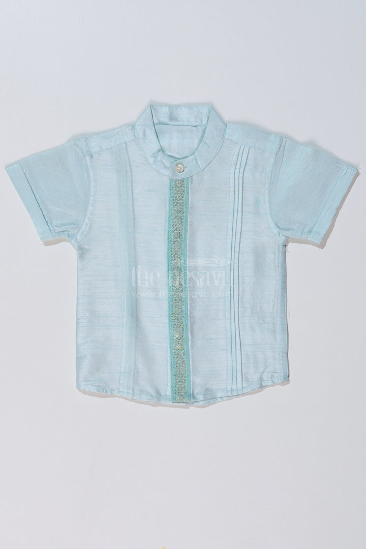 Boys Light Blue Silk Shirt with Embroidered Borders and Mandarin Collar for Traditional Wear