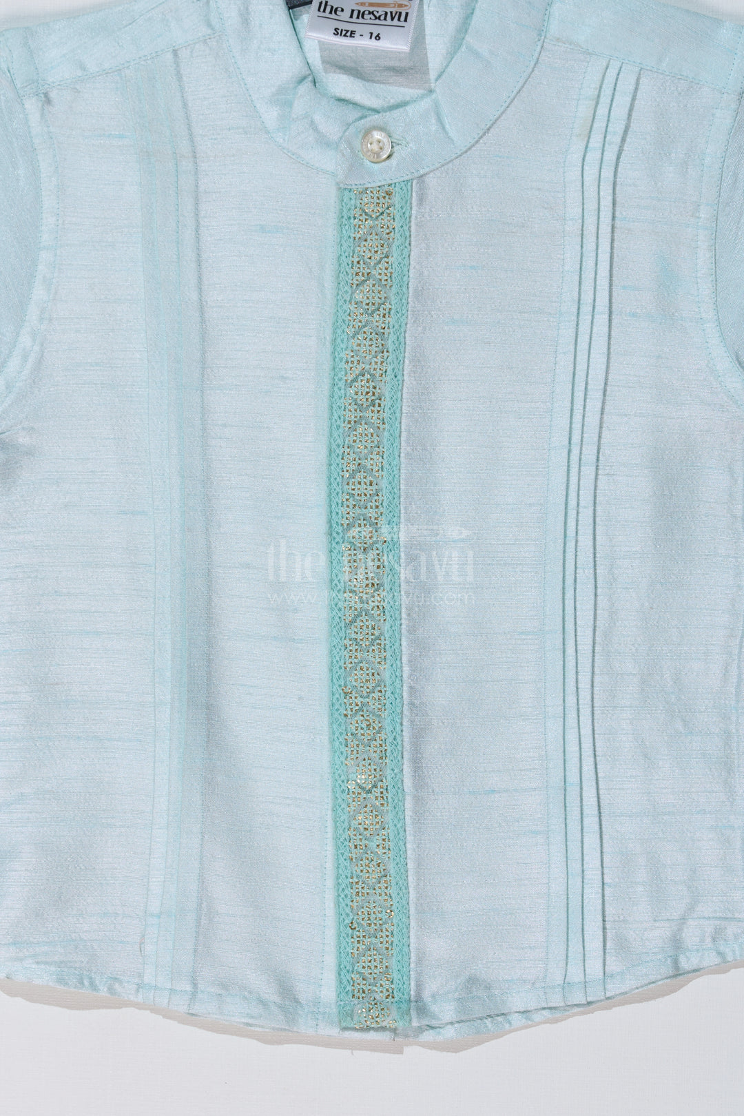 Boys Light Blue Silk Shirt with Embroidered Borders and Mandarin Collar for Traditional Wear