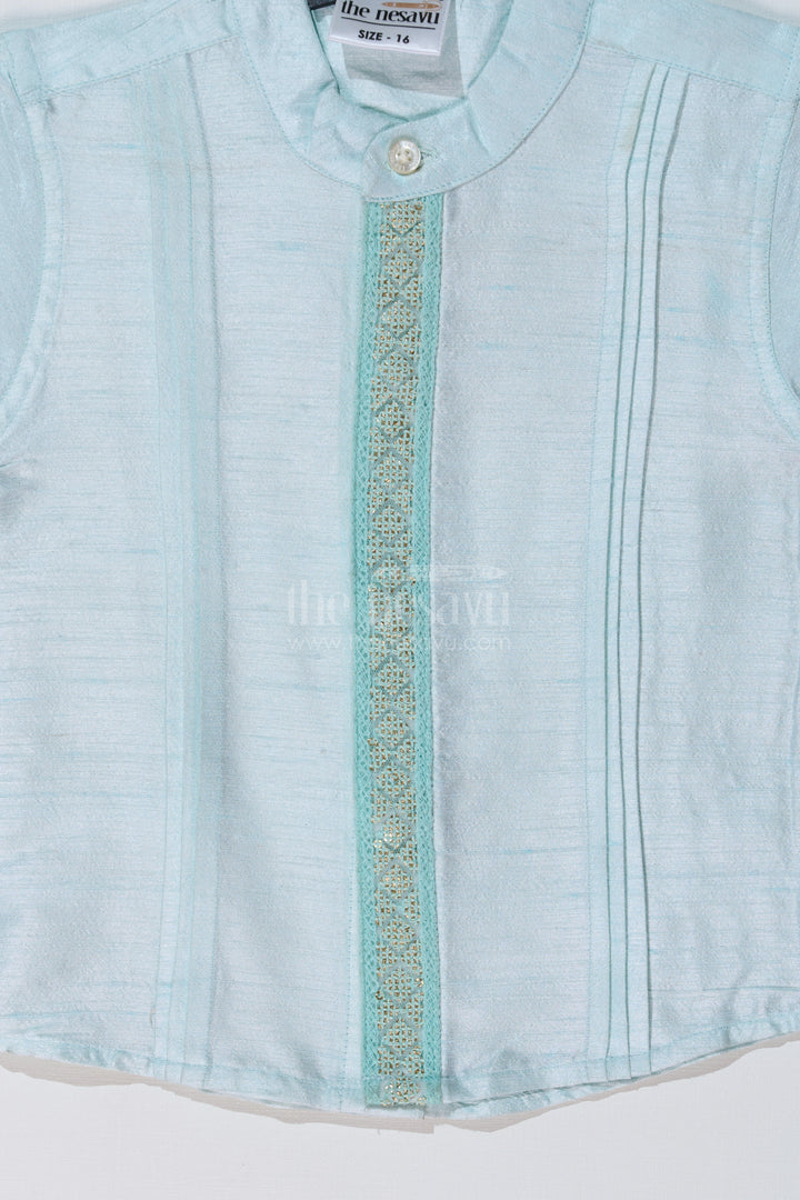 Boys Light Blue Silk Shirt with Embroidered Borders and Mandarin Collar for Traditional Wear