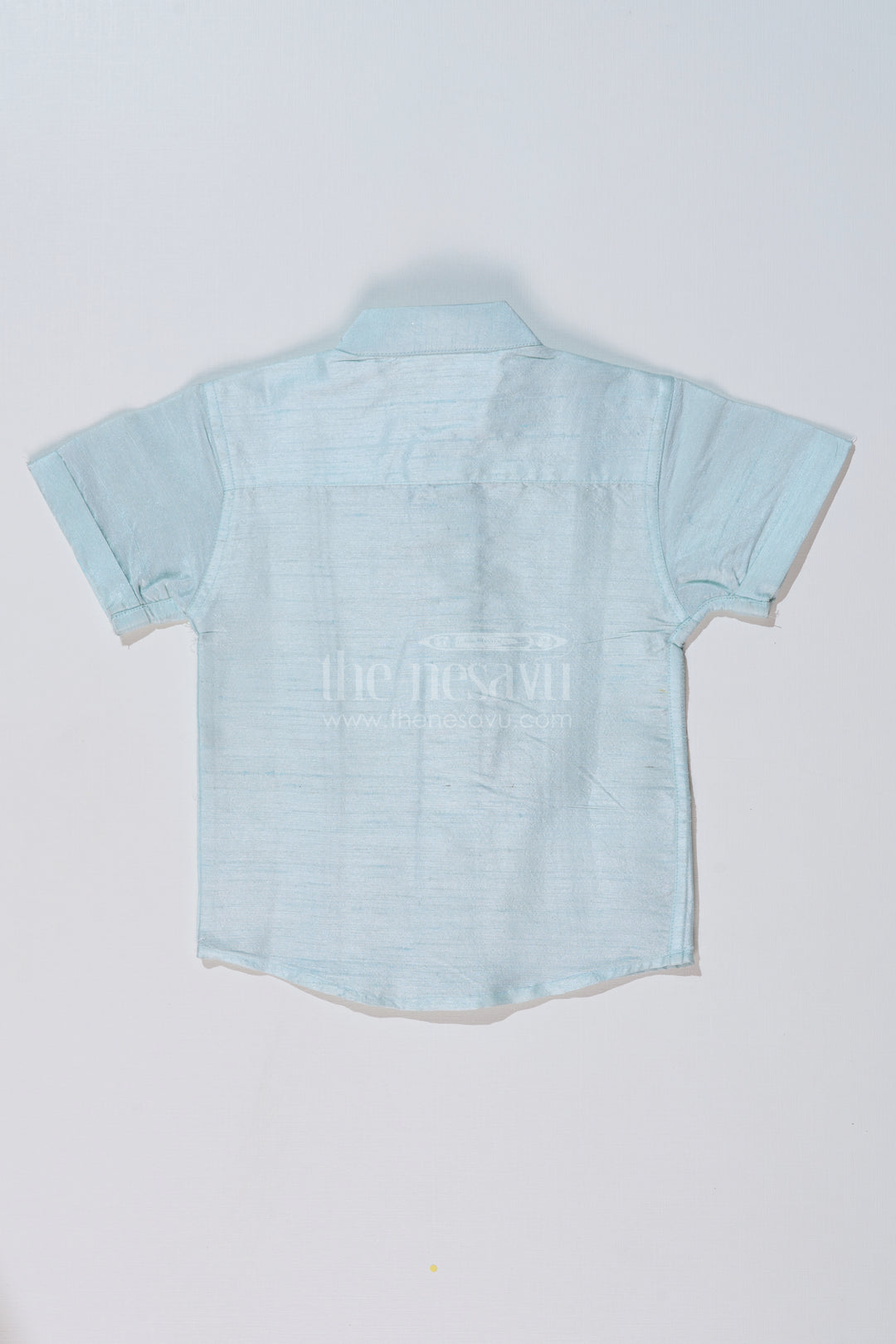 Boys Light Blue Silk Shirt with Embroidered Borders and Mandarin Collar for Traditional Wear