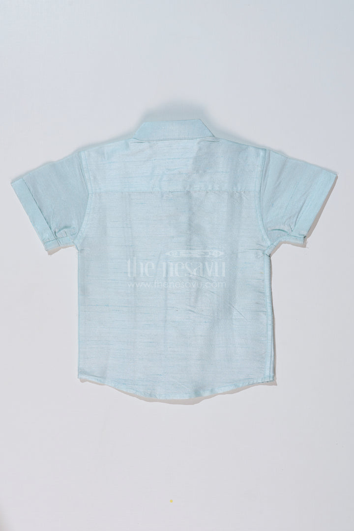 Boys Light Blue Silk Shirt with Embroidered Borders and Mandarin Collar for Traditional Wear