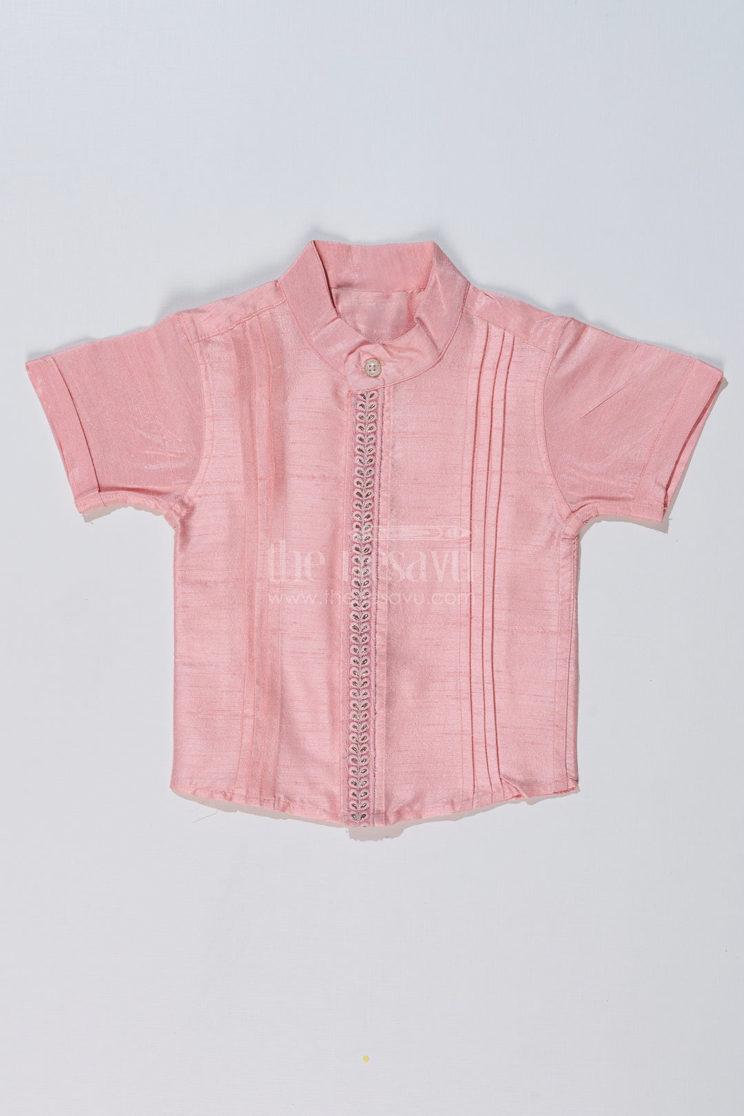 Boys Short Sleeve Pink Shirt in Silk Blend with Embroidered Panel for Festive Occasions