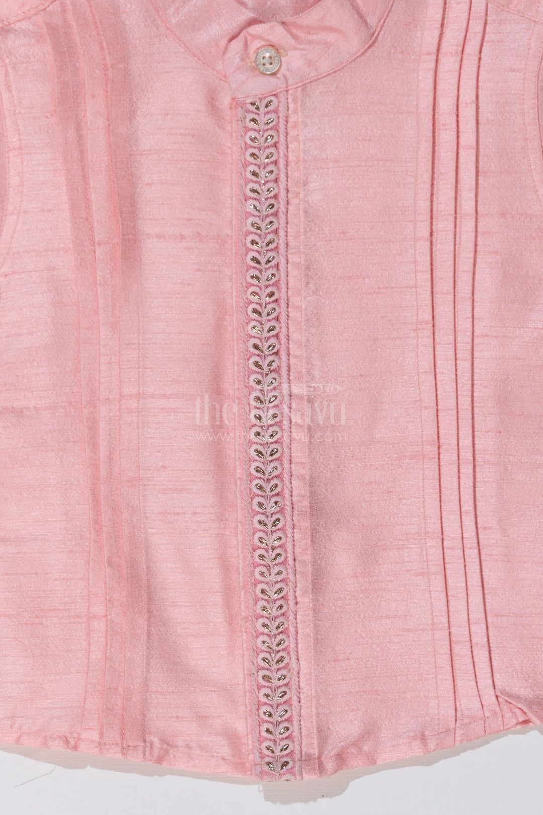 Boys Short Sleeve Pink Shirt in Silk Blend with Embroidered Panel for Festive Occasions