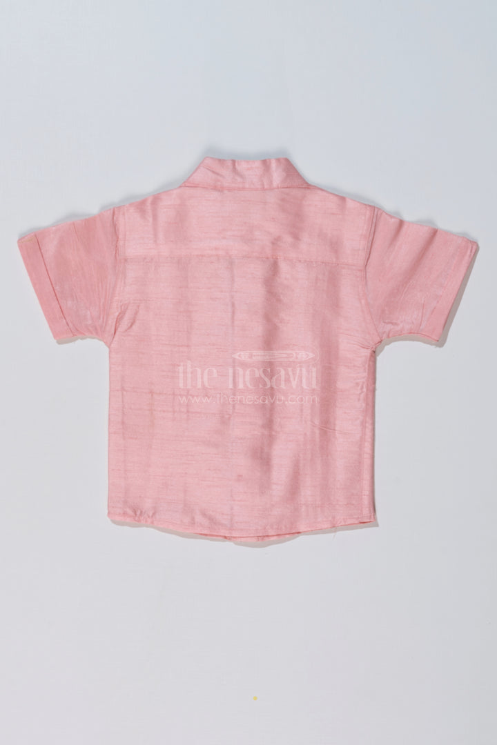 Boys Short Sleeve Pink Shirt in Silk Blend with Embroidered Panel for Festive Occasions