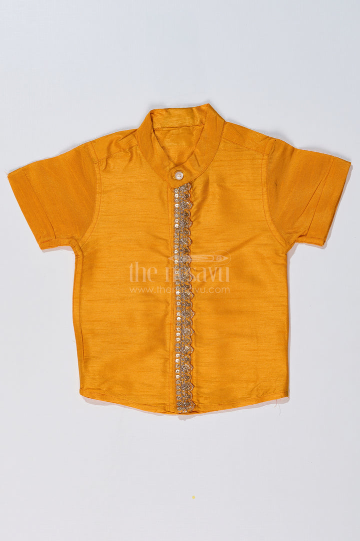 Boys Yellow Half Shirt in Silk Blend with Embroidered Panel for Festive and Traditional Wear